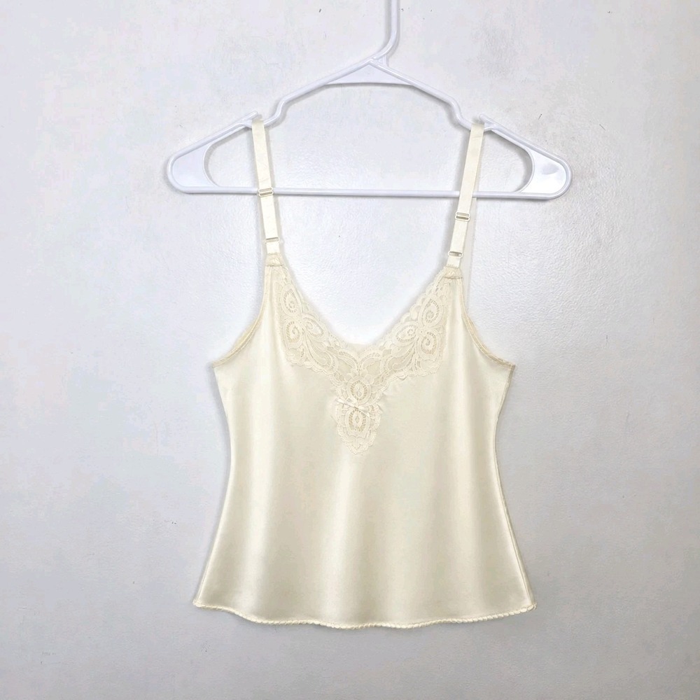 Vintage Bali Y2K Coquette Dainty Girly Cream Lace Trim Satin Tank Top Size Small